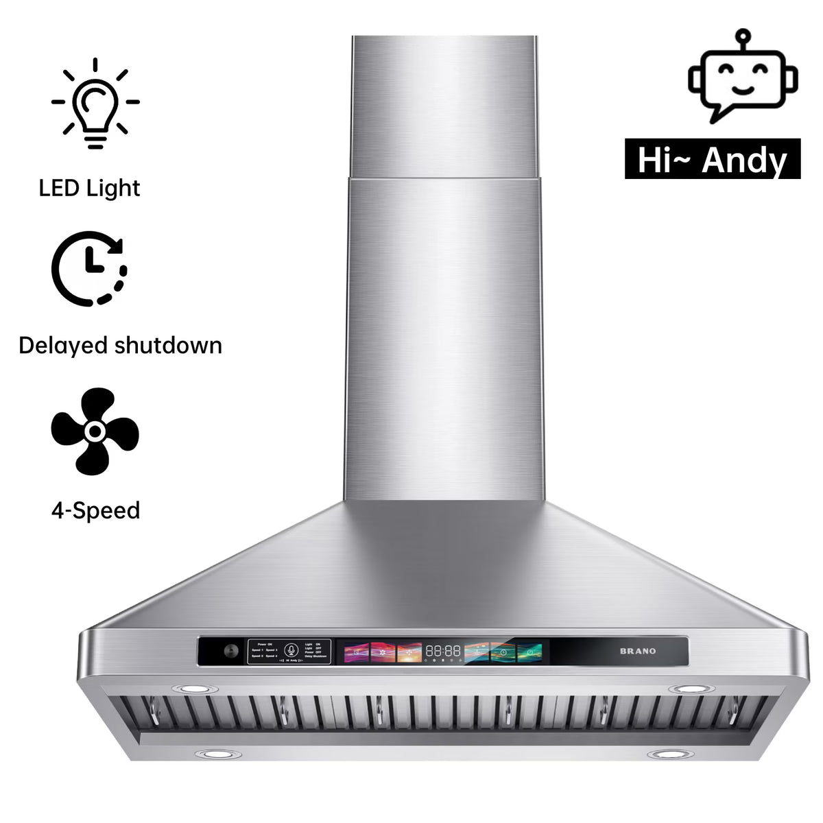 BRANO 30 Inch Wall Mount Range Hood Stainless Steel Hood, 900 CFM, Voice Control, 4-Speed