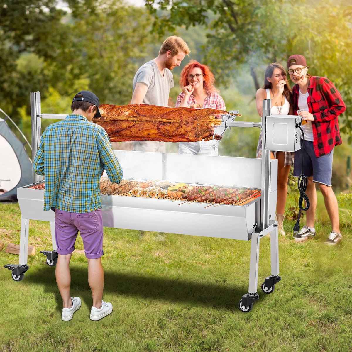 LUXOAK Electric BBQ Rotisserie Grill Kit, 46" 132 Lbs Capacity, 45W Motor, Height-Adjustable Stainless Steel Pig Roaster with Triangular Stability Support Stand for Pig Lamb