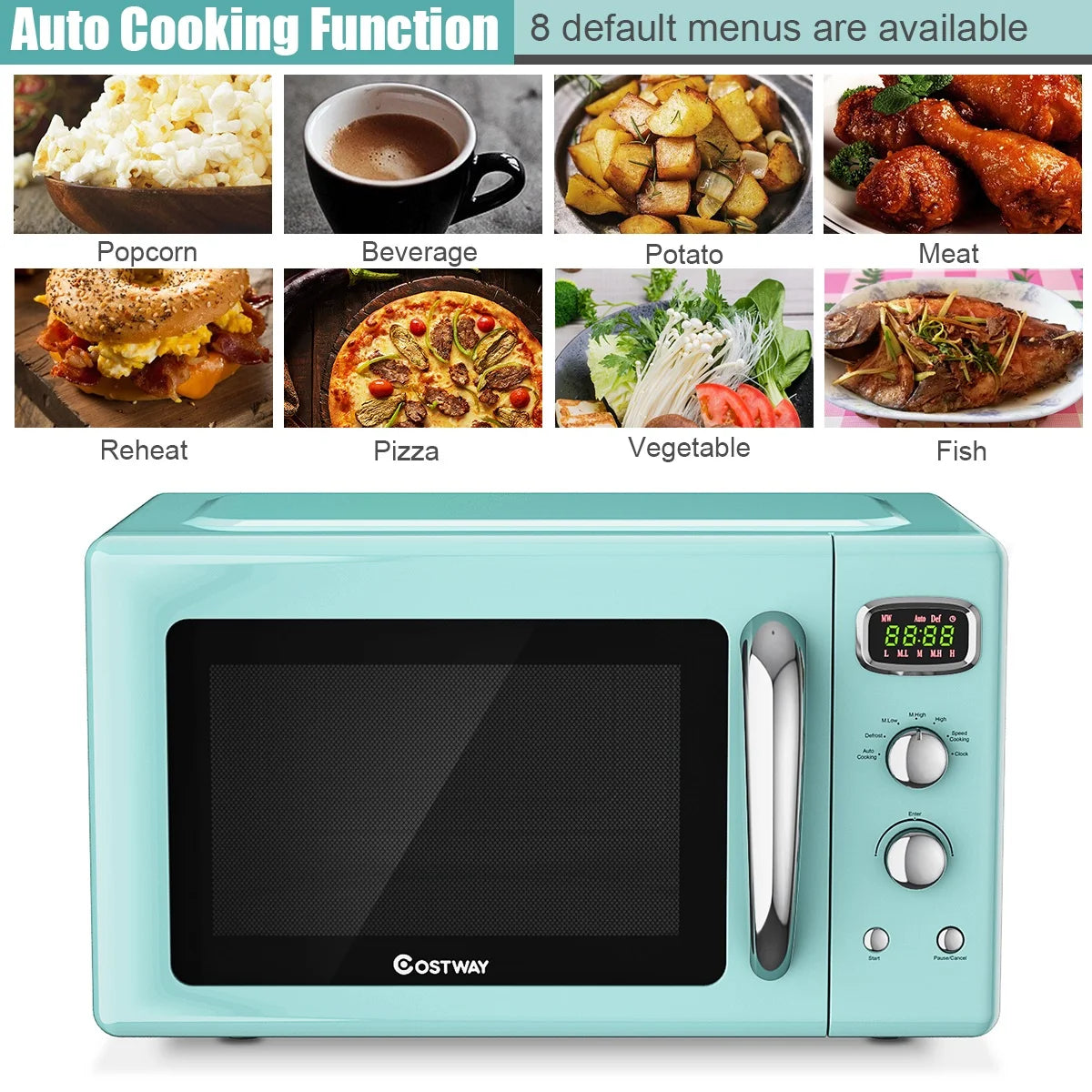 Costway 0.9Cu.ft. Retro Countertop Compact Microwave Oven 900W 8 Cooking Settings White