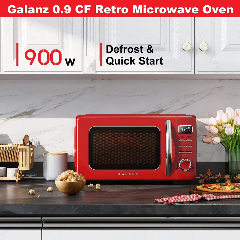 Galanz Retro Countertop Microwave Oven with Auto Cook & Reheat, Defrost, Quick Start Functions, Easy Clean with Glass Turntable, Pull Handle, .9 cu ft, Black