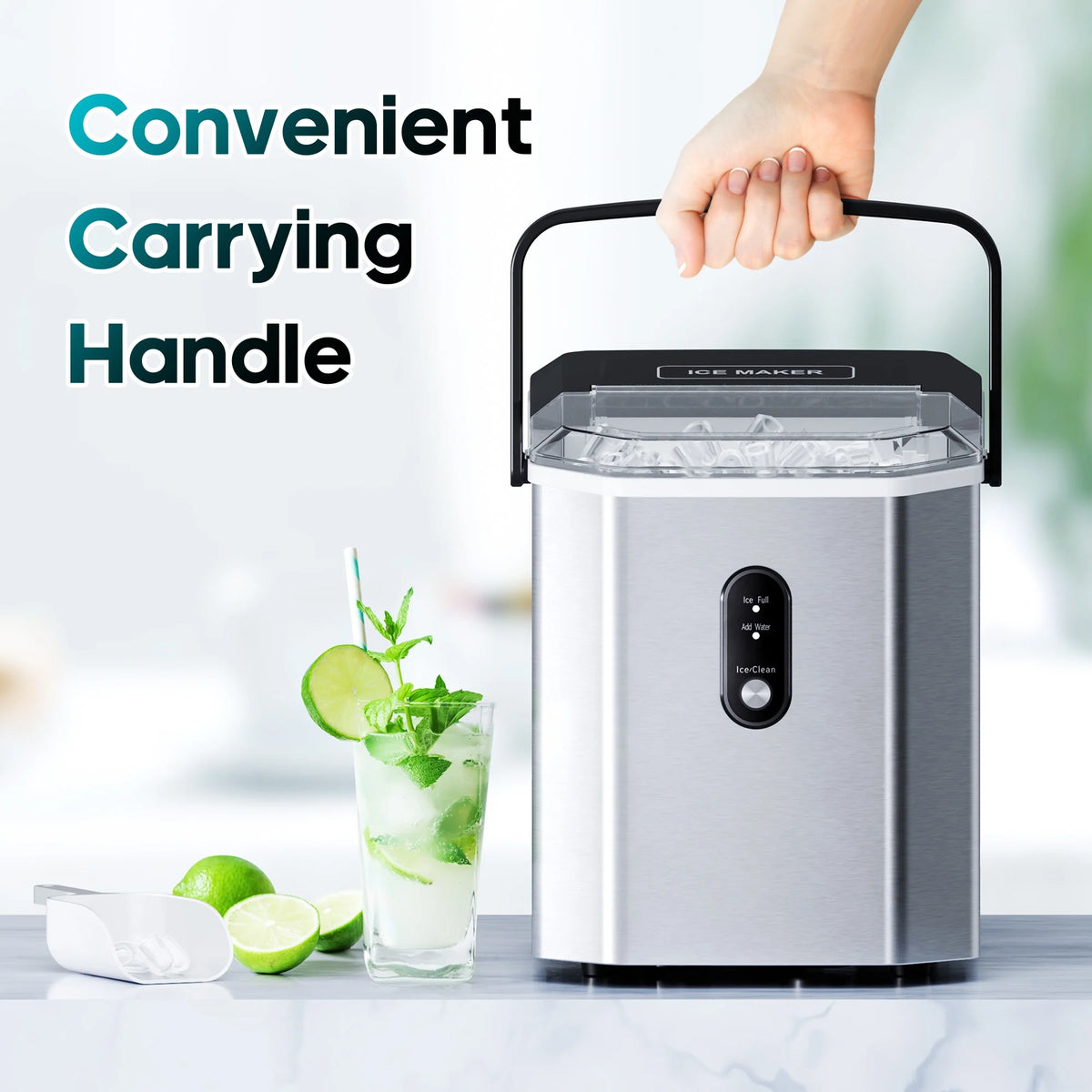 Fenbeli 26lbs/24H Countertop Ice Maker Machine with Handle, Portable Ice Maker Machine with Auto-Cleaning, Black