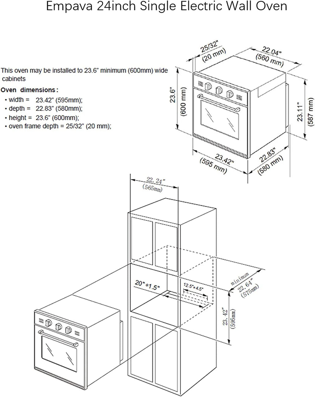 Empava 24" Single Wall Oven with 6 Cooking Functions and Mechanical Knobs Control in Stainless Steel, 24 Inch