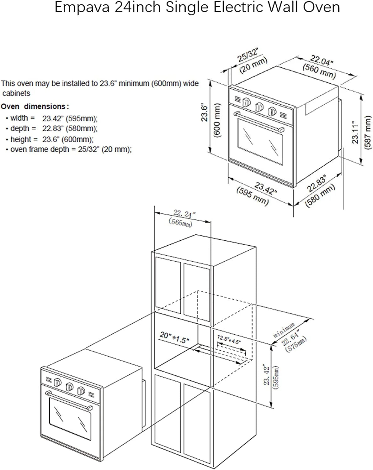Empava 24" Single Wall Oven with 6 Cooking Functions and Mechanical Knobs Control in Stainless Steel, 24 Inch