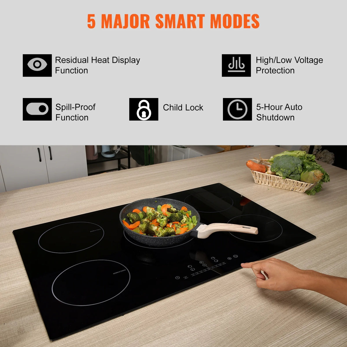 KFFKFF Electric Range, 5 Elements, 30'' Built-in Induction Cooking Surface, 9200W, 9 Power Settings, LED Display, Safety Lock & Heat Guard