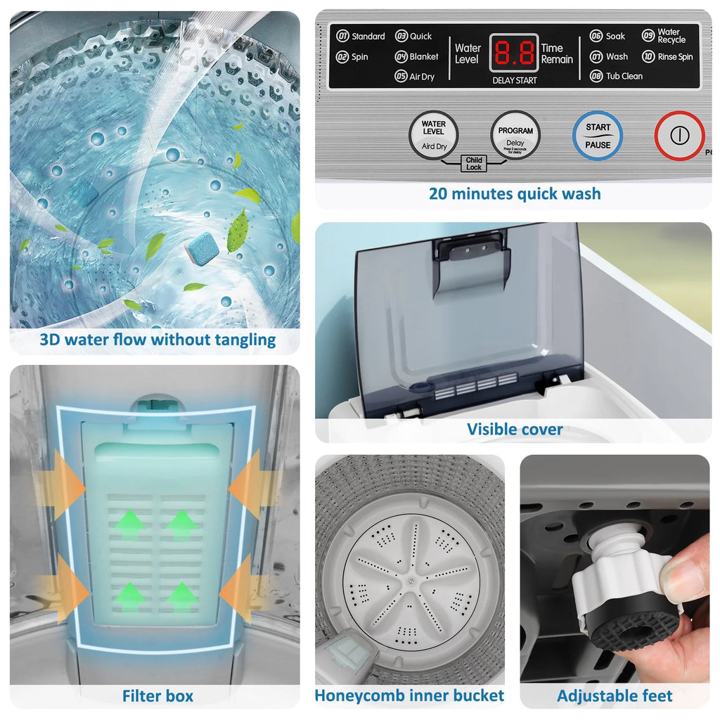 Qhomic Portable Washing Machine, 18.7lbs Full Automatic Compact 10 Programs & 8 Water Levels Washer Machine with Child Lock and LED Display, Low Noise Laundry Wash for Apartments, RVs, Dorms