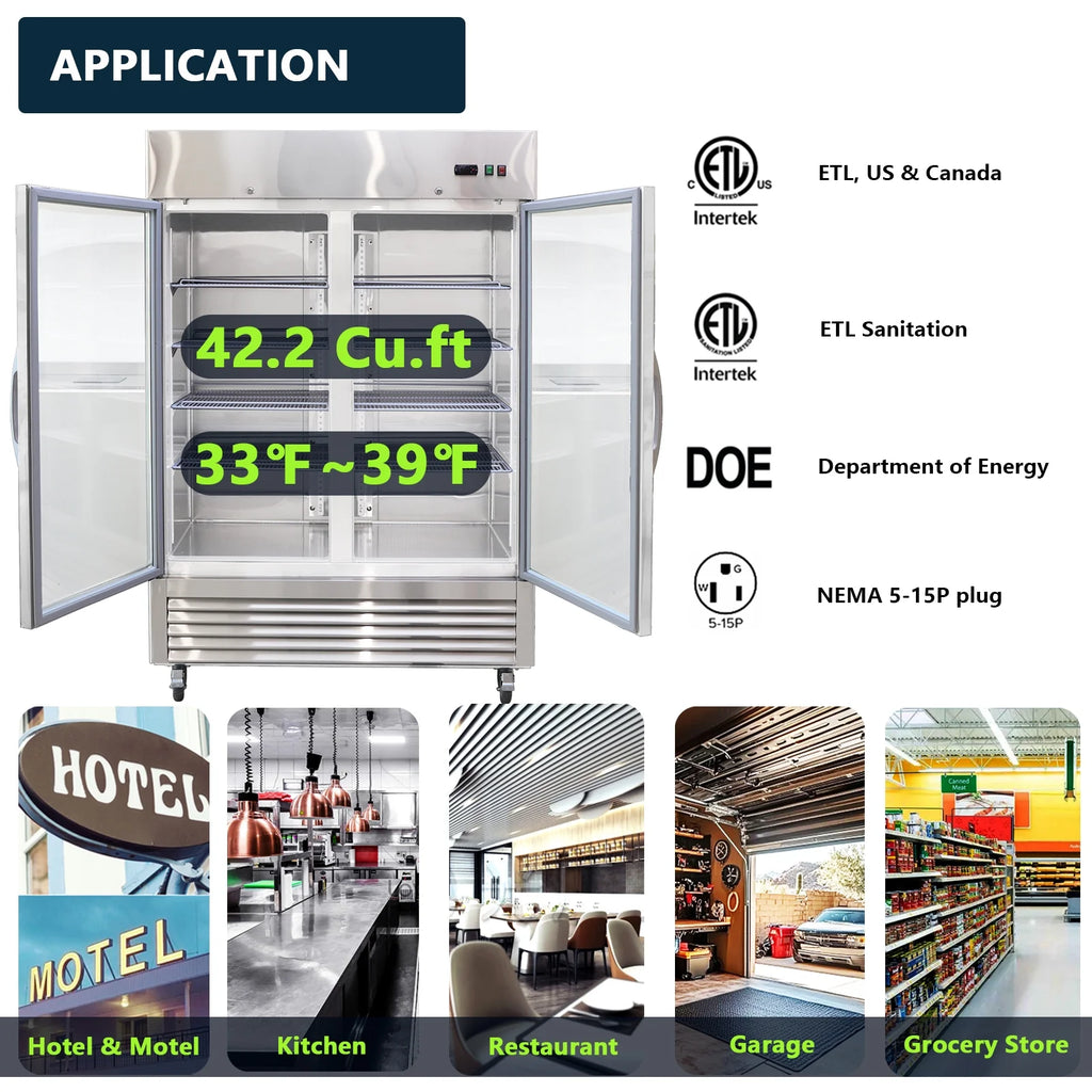 54"W Commercial Refrigerator 2 Glass Door Stainless Steel Interior and Exterior Construction Display Refrigerator 42.2 Cu.ft. Reach-in Merchandising Refrigerator Upright Fan Cooling Merchandiser