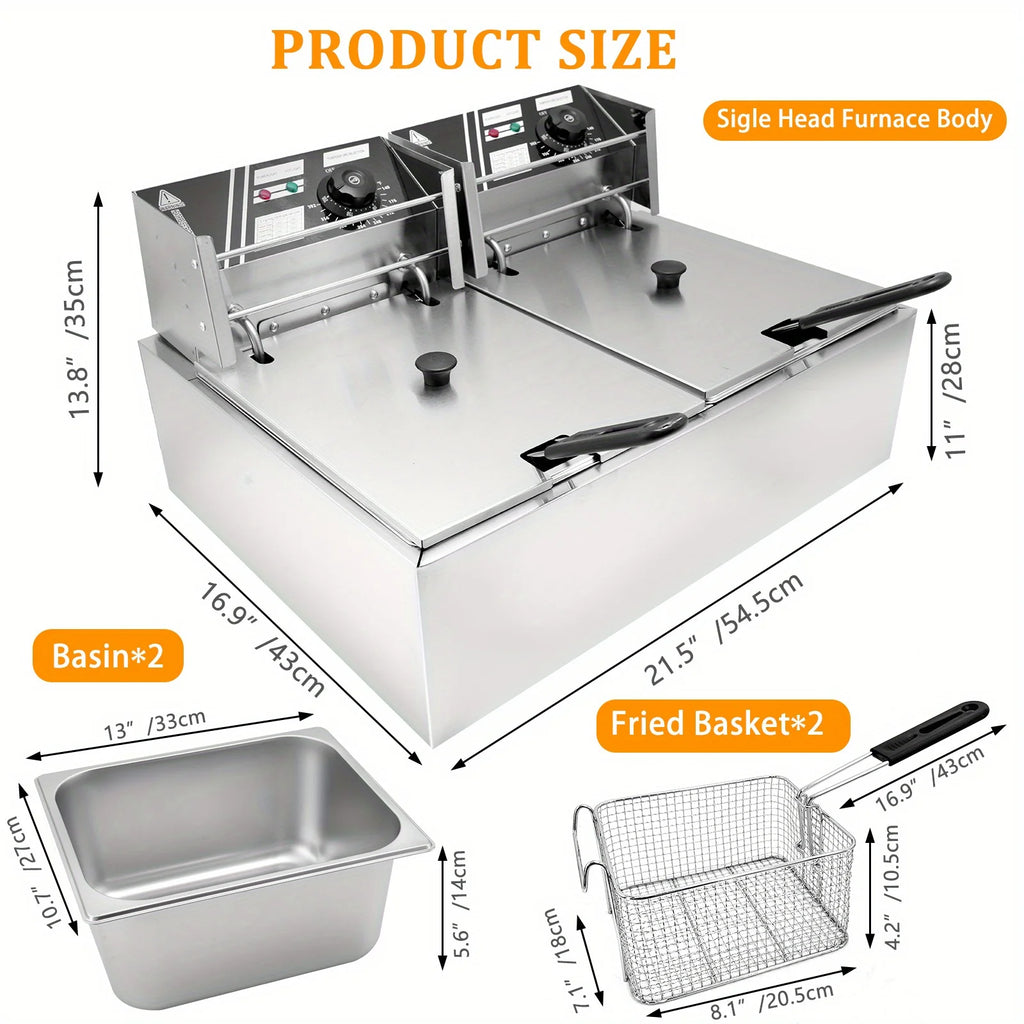 12L Stainless Steel Commercial Electric Deep Fryer - Large Capacity Countertop Fryer with Removable Tank and Lid for Easy Cleaning - Perfect for Restaurants, Cafes, and Home Use