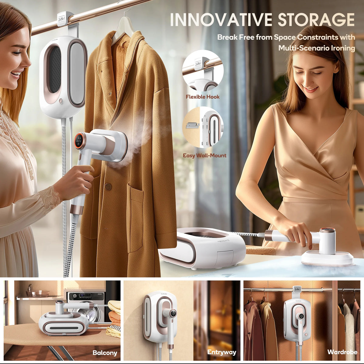 Newbealer Steamer for Clothes,2-in-1 1550W Turbocharged Garment Steamer & Iron ,3 Levels Smart Control Steaming,1.2L Detachable Tank,Auto Shut-Off,Self-Cleaning,Innovative Storage: Hang or Wall Mount