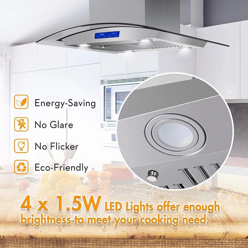 Joeaonz 30-Inch Island Range Hood 900CFM Stainless Steel with Glass Touch Control and Permanent Reusable Filters