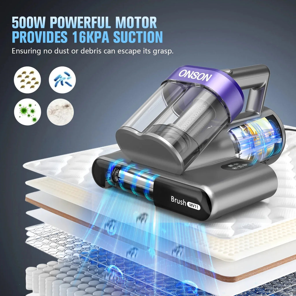 ONSON 16Kpa Powerful Mattress Vacuum Cleaner with 3 Filters, 2 Speed Deep Sofa Vacuum Cleaner with Purple Light, Cordless Vacuum for Mattress, Bed