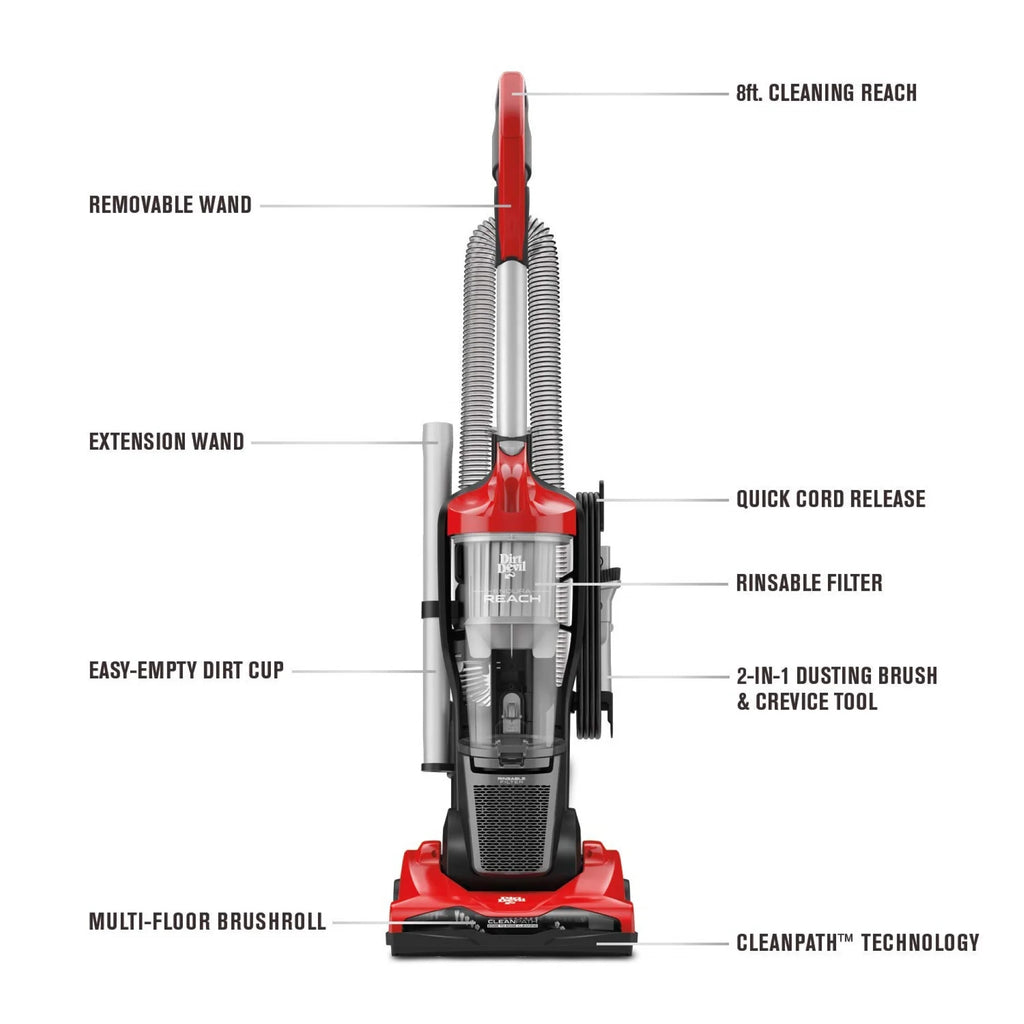 Dirt Devil Endura Reach Upright Bagless Vacuum Cleaner for Carpet and Hard Floor, Lightweight, Corded, UD20124, Red