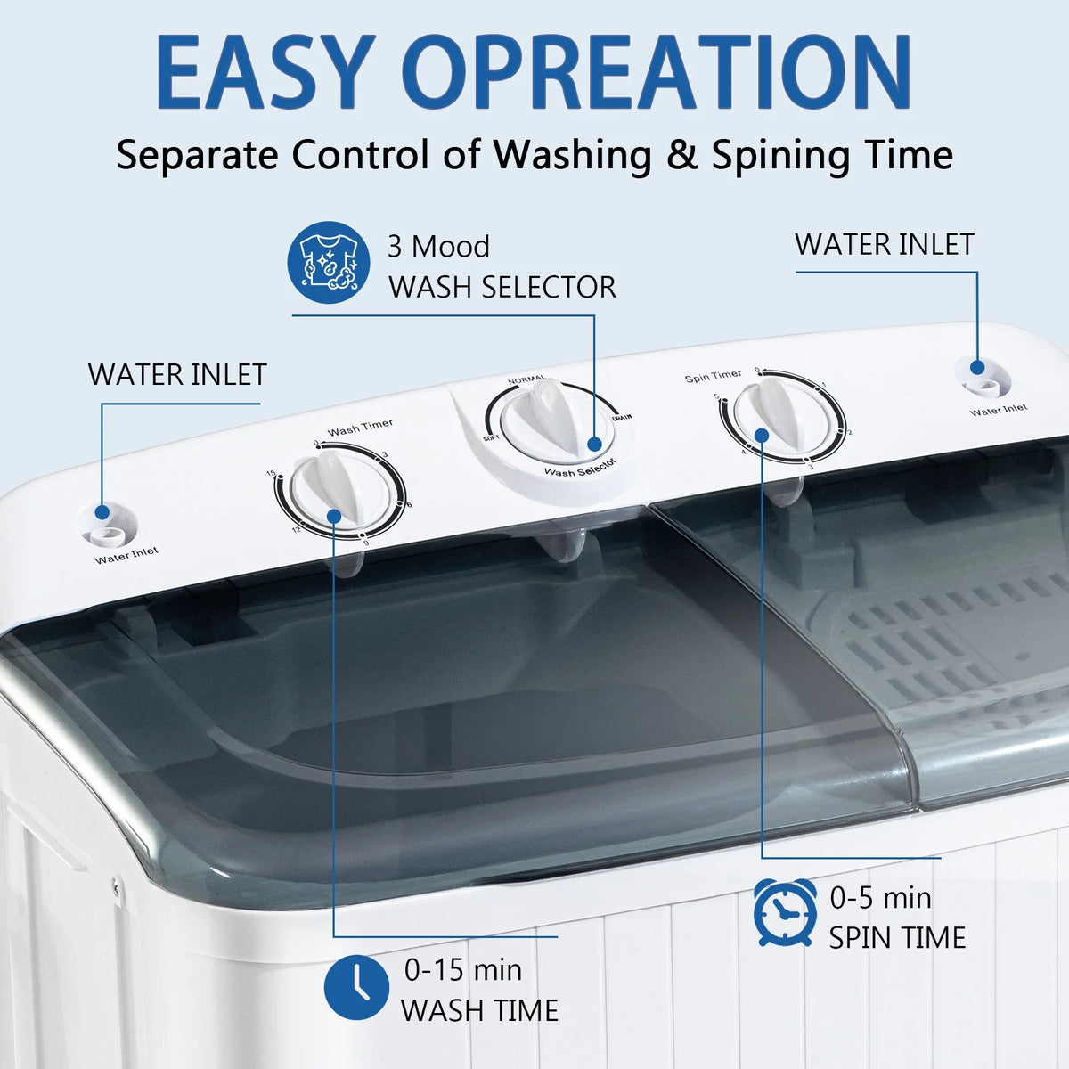 Dimedeal Portable 18lbs Twin Tub Mini Washing Machine, 11lbs Washer & 7lbs Spinner with Drying Rack & Hangers