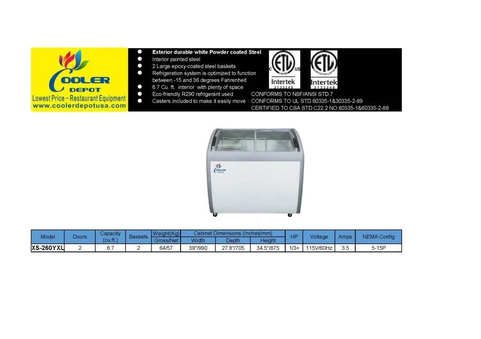 Cooler Depot 39 In. 6.7 Cu.ft Ice Cream Freezer XS-260YXL, NSF Certified