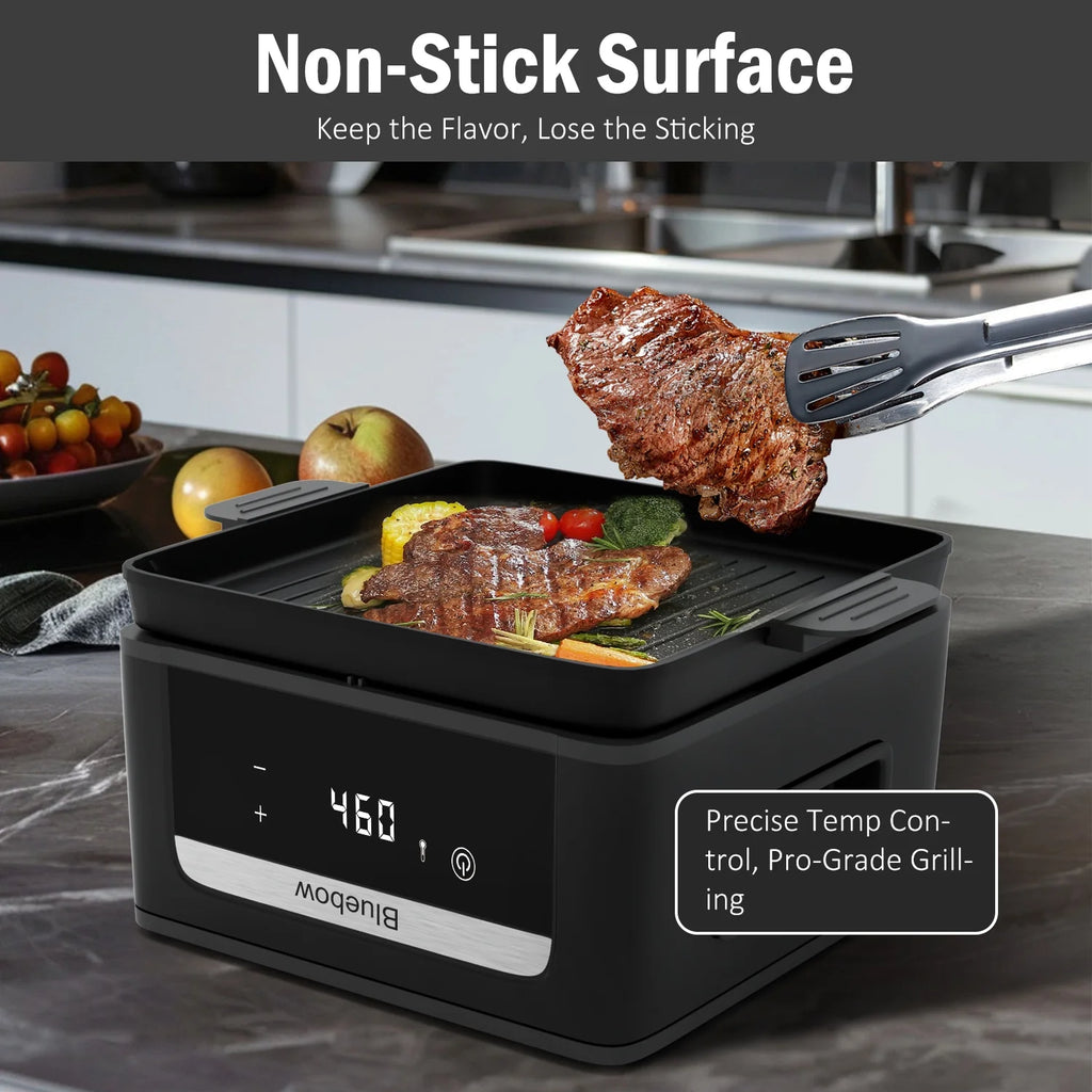 Bluebow 9QT  Air Fryer & Grill Pan Combo, Large Capacity, 8 Preset Functions, Non Toxic, Non-Stick, View Window, Black