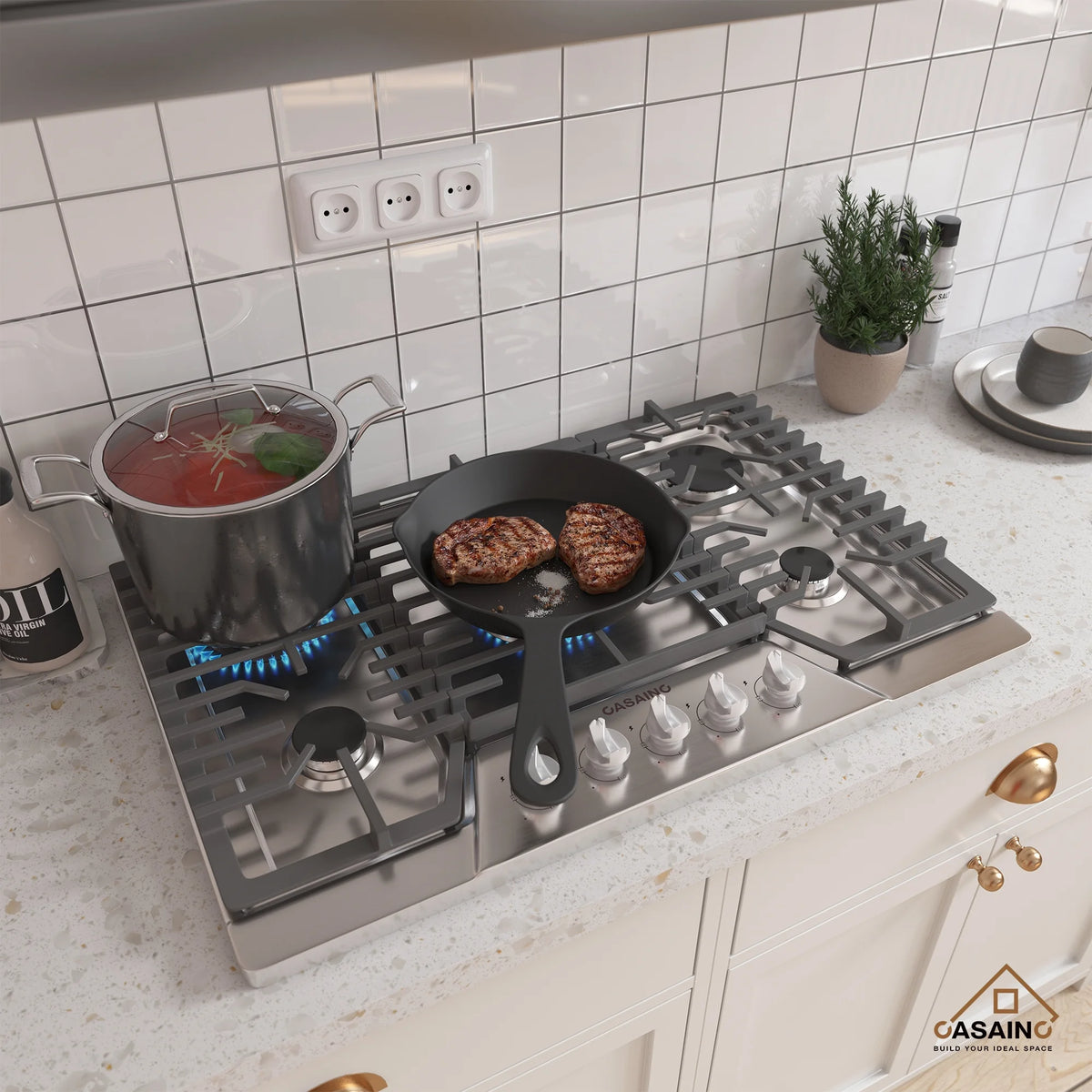 CASAINC 30" Recessed Natural Gas Cooktop with 5 Burners and Liquid Propane Conversion Kit, Stainless Steel