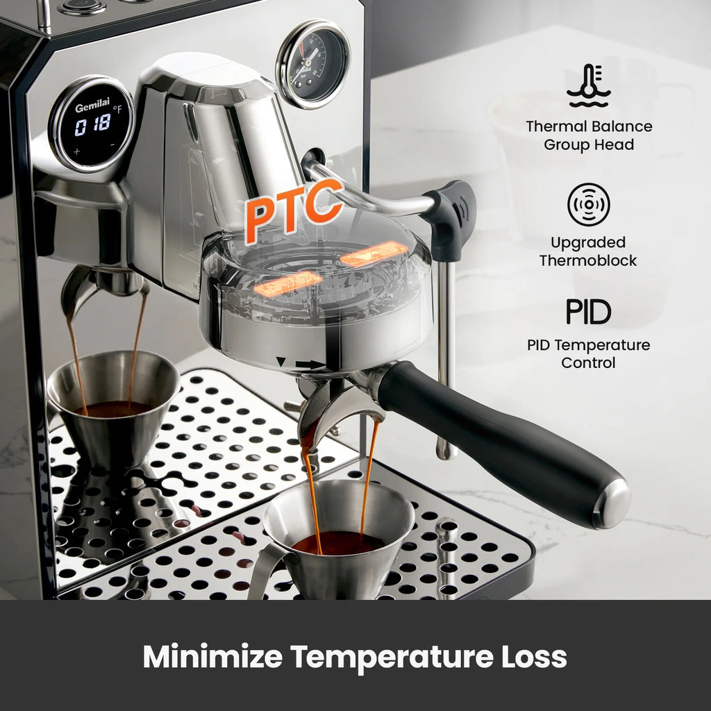Gemilai G3006 Owl 15-Bar Semi-Auto Espresso Machine, Dual Display, Milk Frother, 57oz Tank, Stainless Steel Coffee Maker