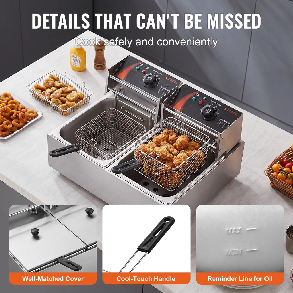 KFFKFF Commercial Dual Tank Deep Fryer, 3000W Electric Countertop Fryer with Basket, 2 x 9.1Qt/8.6L Stainless Steel Oil Fryer, featuring Temperature Control & Overheat Safety
