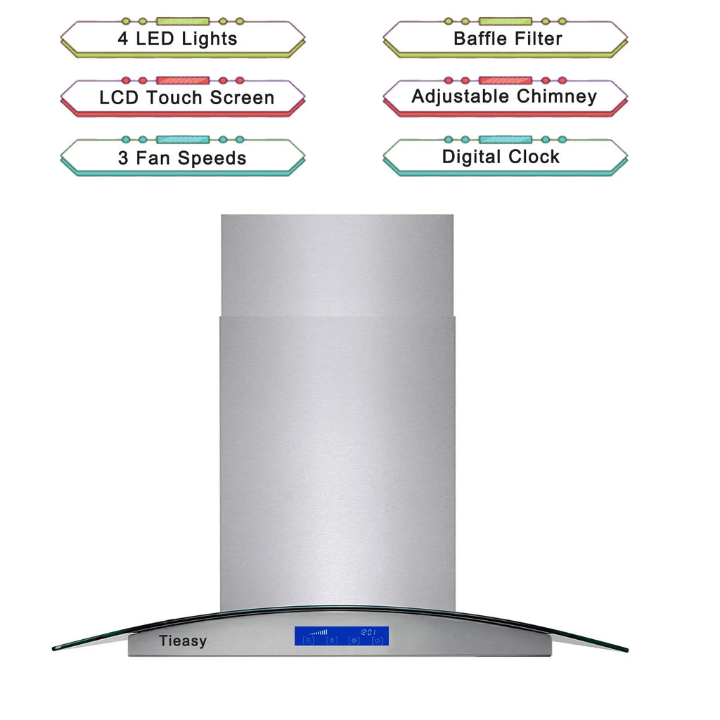 Joeaonz 36-Inch Island Mount Range Hood with 900 CFM, 4 LED Lights, Glass LCD Touch Control