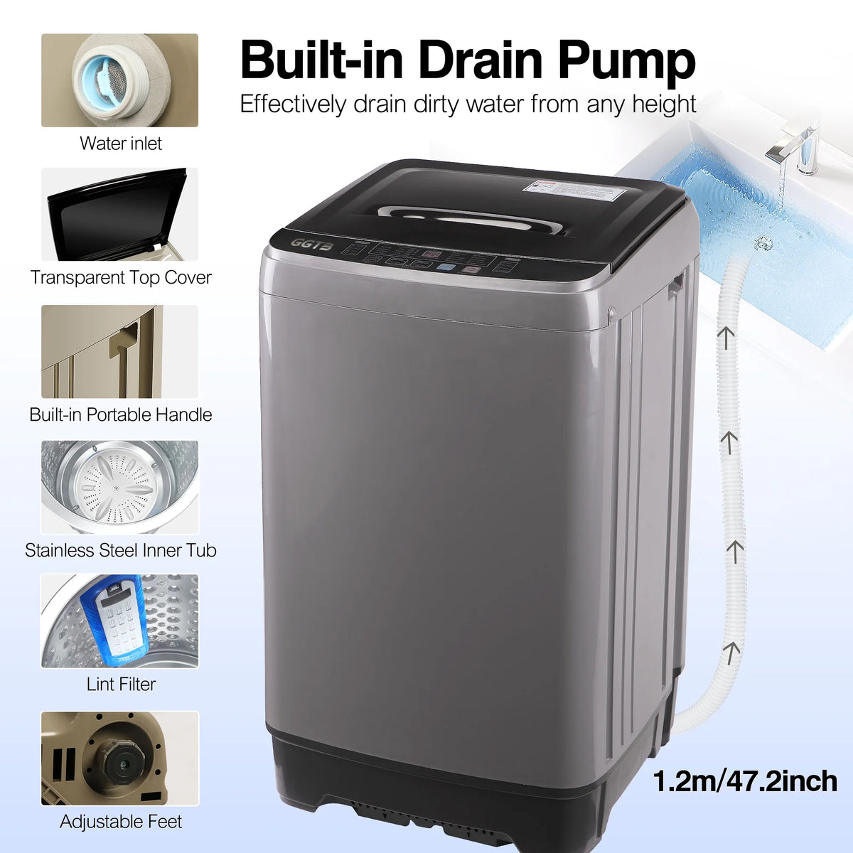GGTB Portable Washing Machine for Apartments, 17.7 lbs Full Automatic Clothes Washer Machine,1.9 Cu.ft Top Load Washer with 10 Wash Programs/8 Water Levels, Coffee Gold