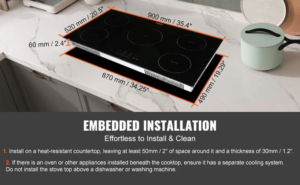BENTISM 36 inch Electric Cooktop 5 Burners Ceramic Glass Stove Top Touch Control 9200W 9 Heat Levels Built-in Electric Stove