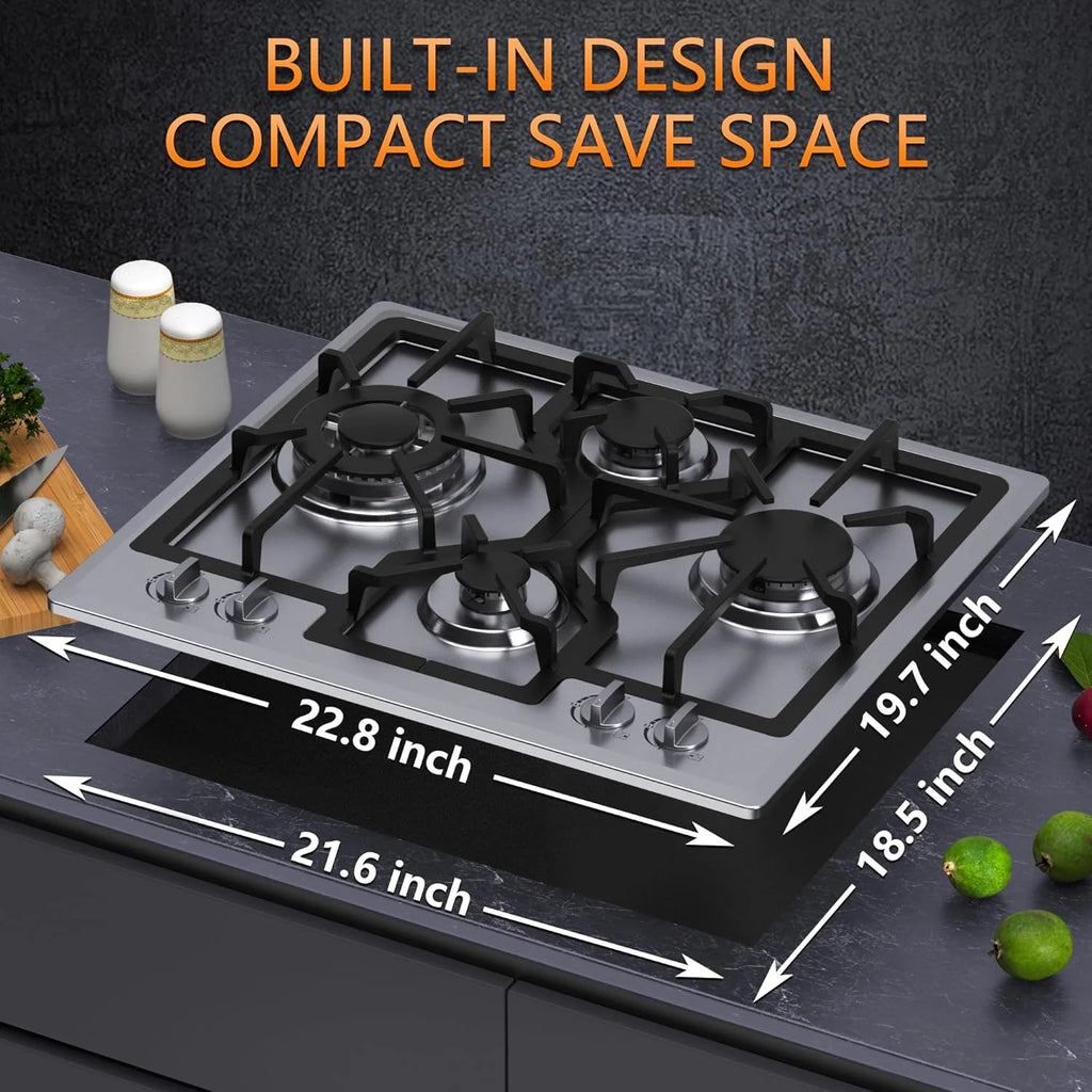24 inch Gas Cooktop, Bulit-in Gas Stove Top with 4 Burner, NG/LPG Convertible Cooktops, Dual Burner Propane Cooktop with Thermocouple Protection, Stainless Steel