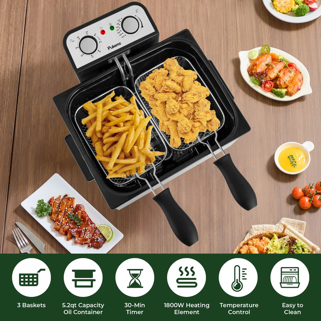 SUSTEAS 5.3 Qt Electric Deep Fryer with 3-Baskets for Home, 1800W, Timer & Temp Control, Stainless Steel & Black