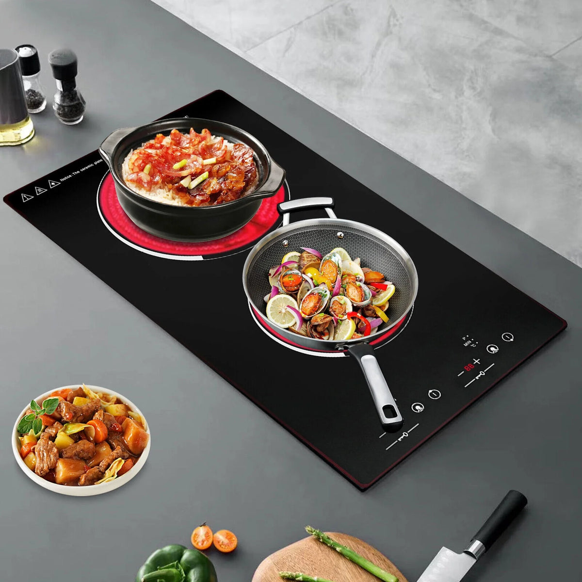 Miumaeov Commercial Electric Ceramic Cooktop 2 Burners Cooking Stove Touch Control Cooker 1500W 140-482?��F