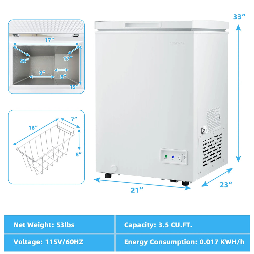 Costway 3.5 Cubic Feet Removable Storage Basket Chest Freezer