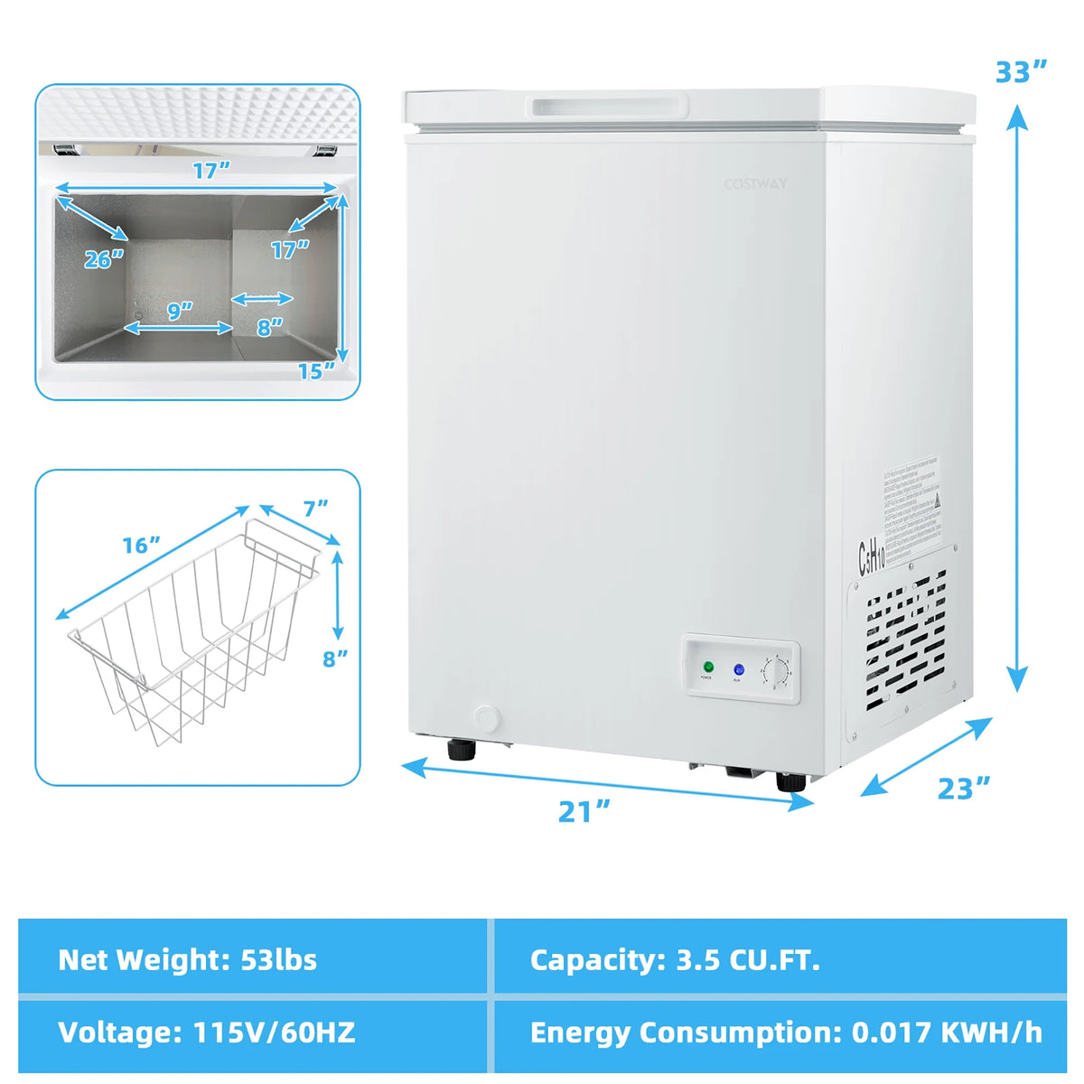 Costway 3.5 Cubic Feet Removable Storage Basket Chest Freezer