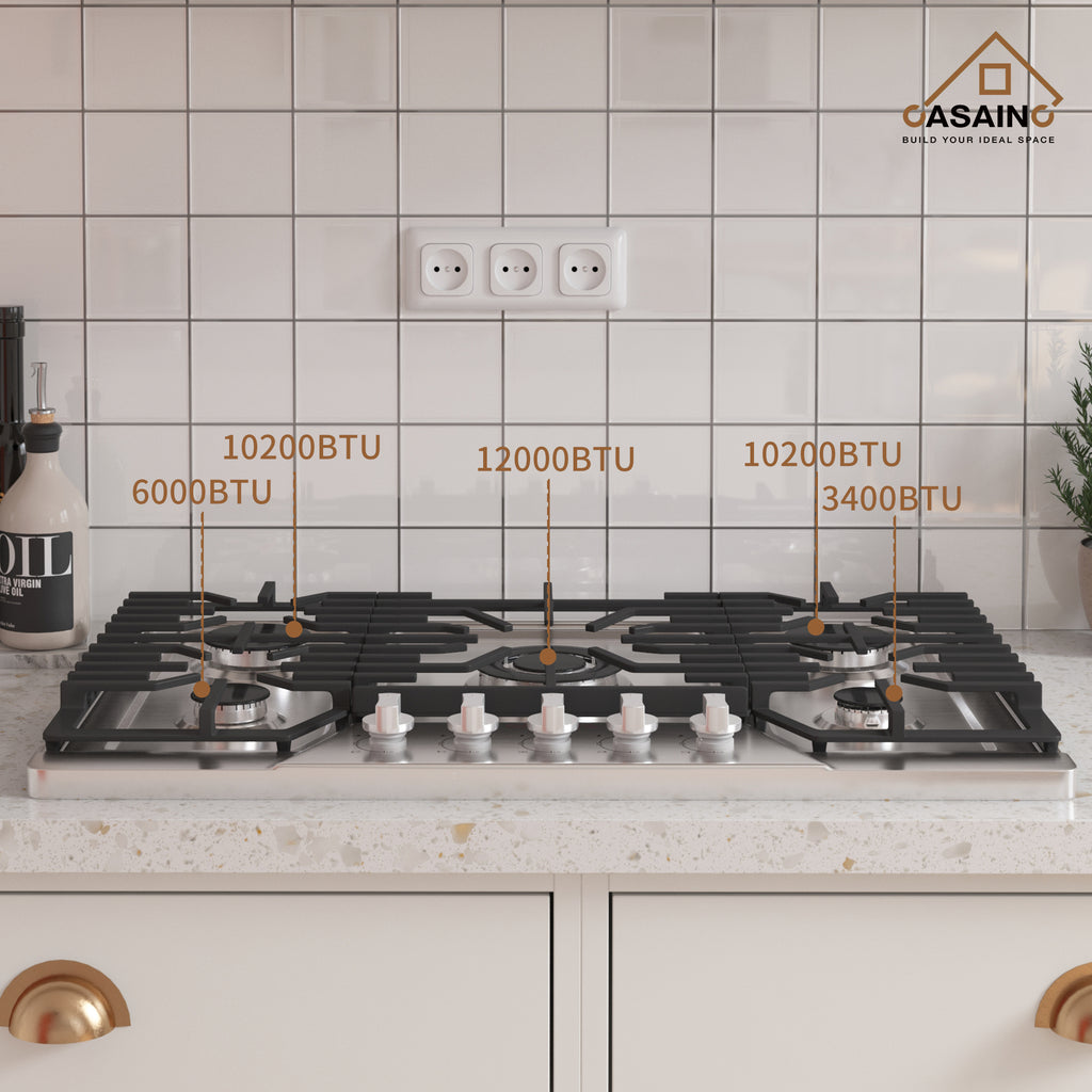 CASAINC 30" Recessed Natural Gas Cooktop with 5 Burners and Liquid Propane Conversion Kit, Stainless Steel