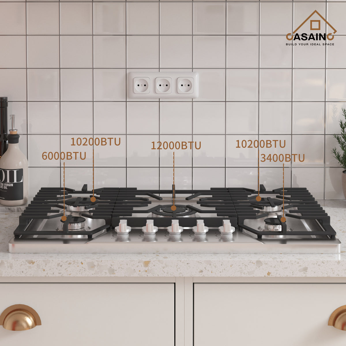 CASAINC 30" Recessed Natural Gas Cooktop with 5 Burners and Liquid Propane Conversion Kit, Stainless Steel