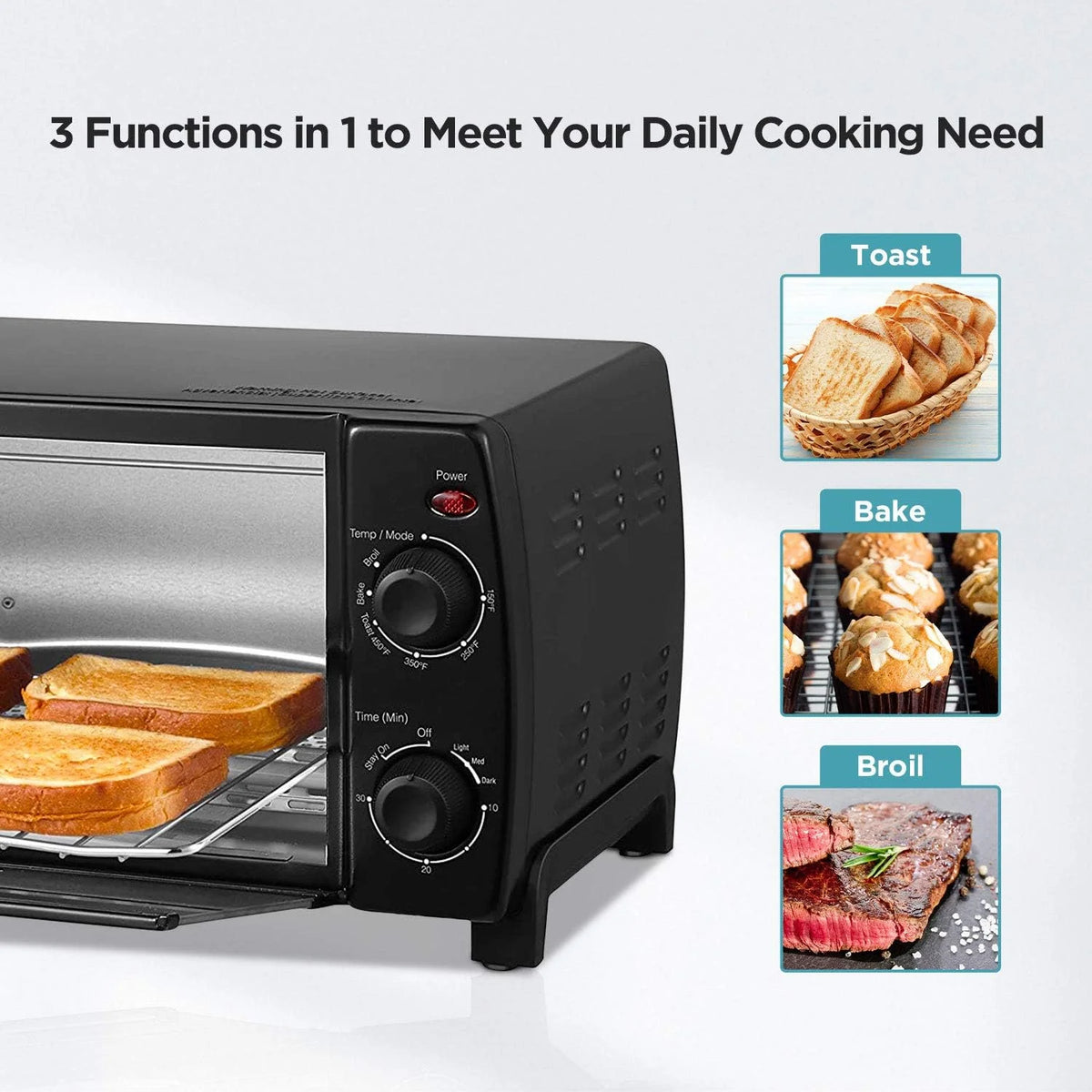 COMFEE' Mini 2-Slice Toaster Oven, Countertop toaster oven, 2-Knobs Easy to Control with Timer for Bake, Broil, Toast, 1000W, Black/White (CO-B08AA(BK))