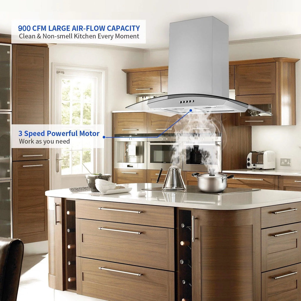 "Joeaonz 30"" Island Mount Range Hood, Stainless Steel, LED Bulbs, Easy-Clean Filters, 120V"