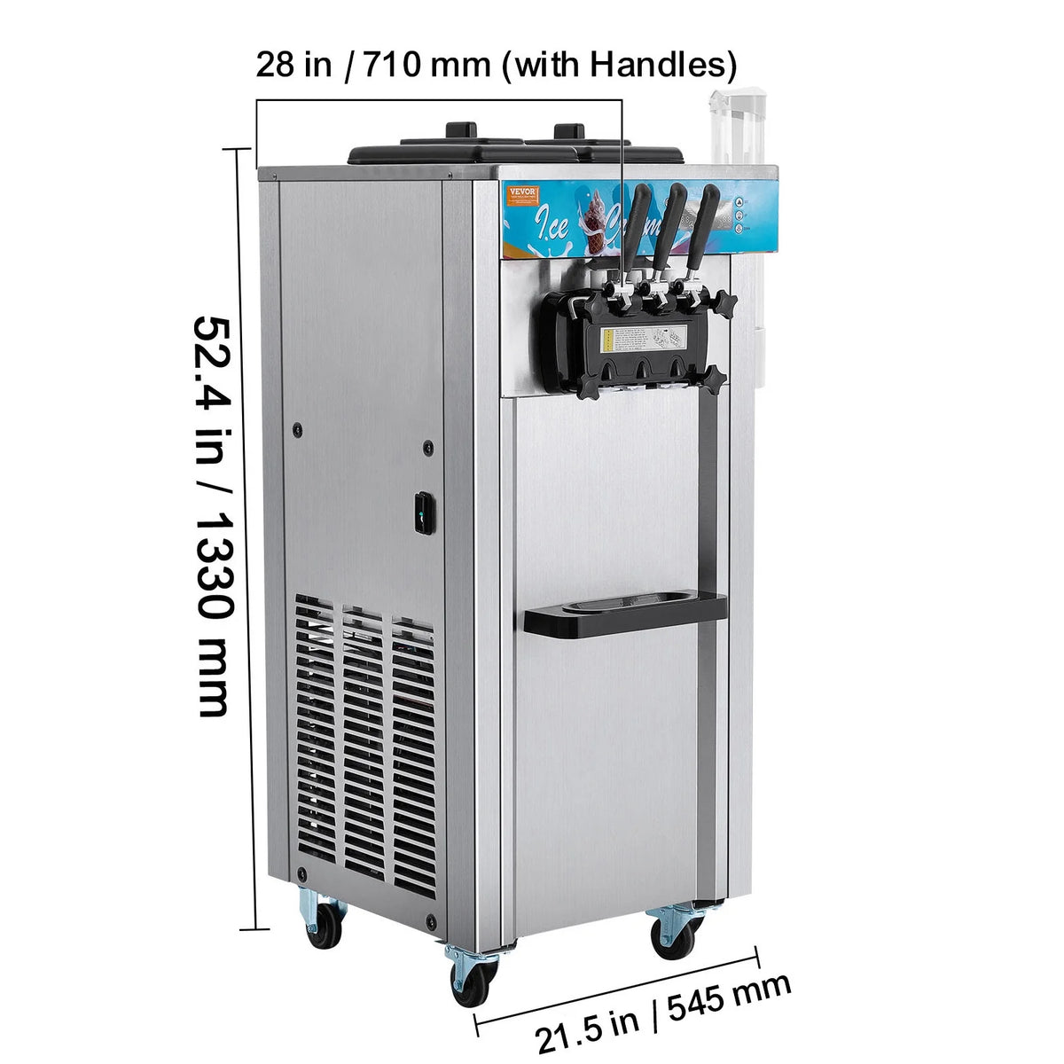 KFFKFF 3-Flavor Commercial Ice Cream Machine 21-31 L/H Soft Serve Ice Cream Maker 2 5.5L*2 Cylinder LED Panel and Auto Clean