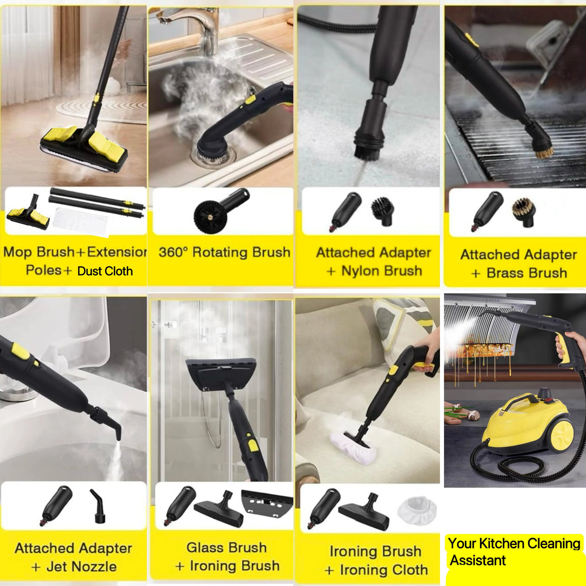 Steam Cleaner, 2-Quart Canister Steamer with 18 Accessories for Floor, Grout, Upholstery, Car Detailing, Kitchen Degreasing & High-Temp Sanitizing