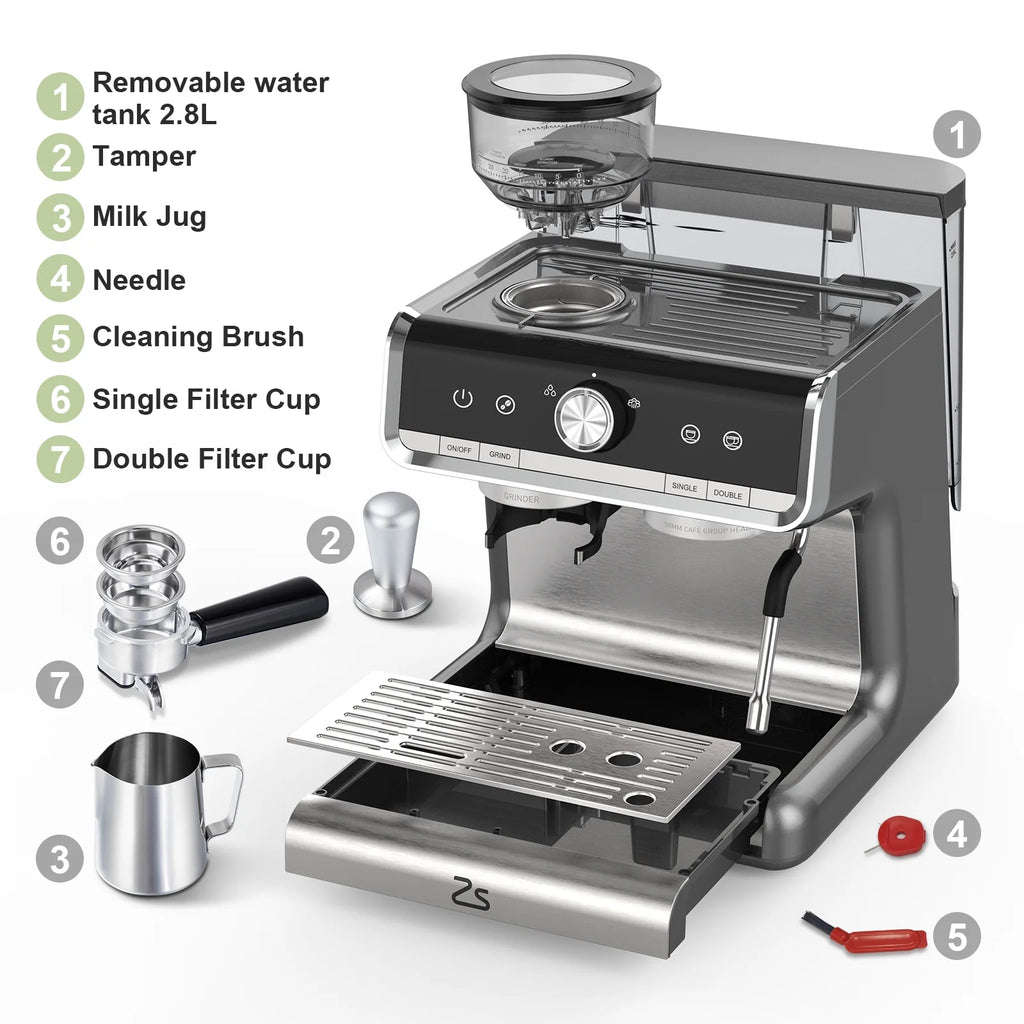 Espresso Coffee Machine with Grinder, 20 Bar Semi-Automatic Espresso Maker with Milk Frother Steamer Wand for Cappuccino, Latte, Macchiato, 2.8 L Water Tank, PID Temperature Control, Silver