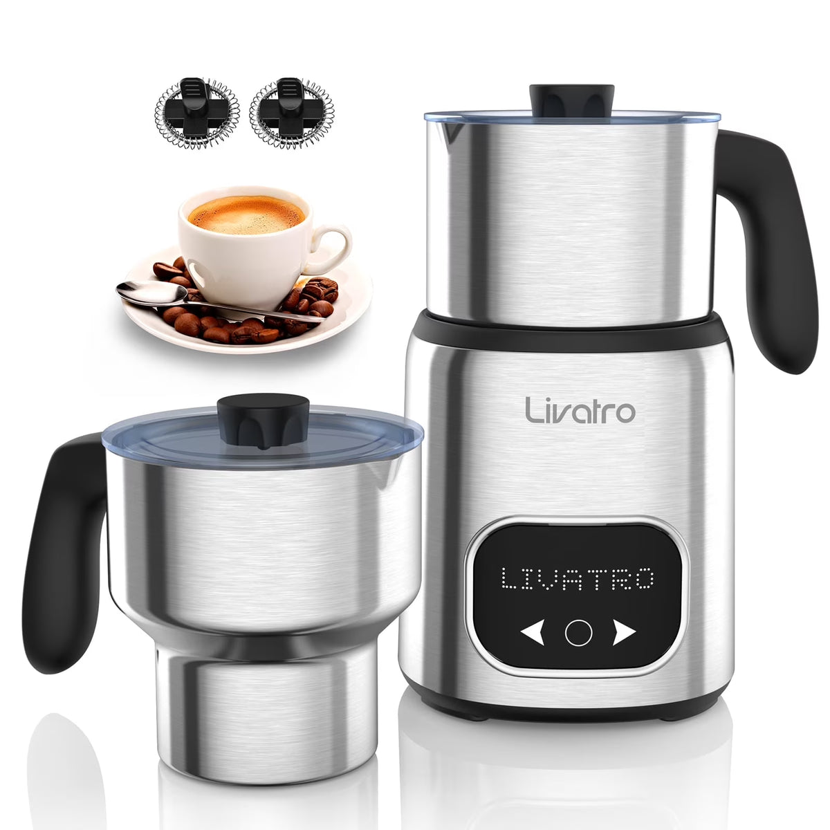 Livatro Electric Milk Frother, 14-in-1 Milk Frother | Twin Cup (20.3 oz & 13.5 oz) | Memory Function | Automatic Hot & Cold Milk Frother Heater