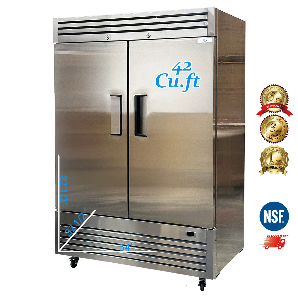 Commercial Reach in Refrigerator, 54" x 32" x 81 3/8", 42 Cubic Ft, Double Door Stainless Steel Fridge, for Restaurant