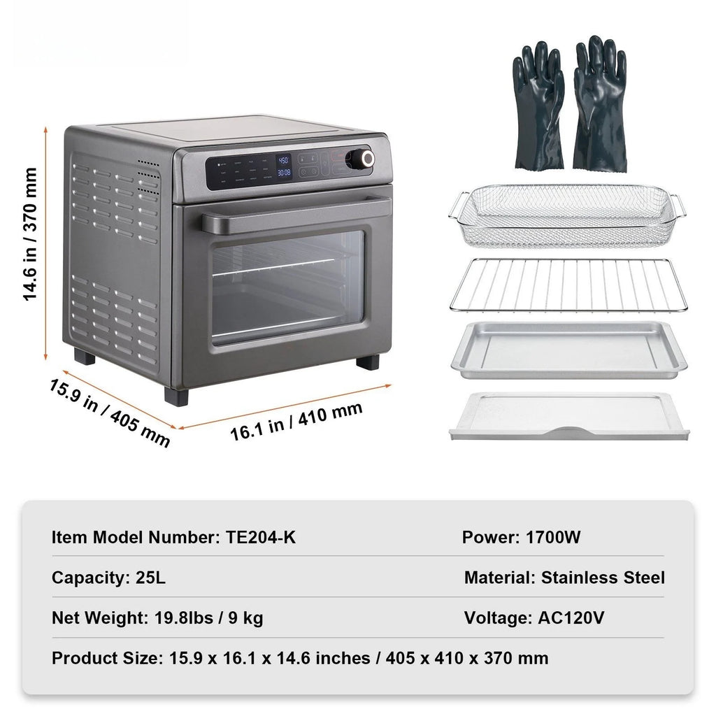 12-In-1 air-fried toaster oven, 25L convection table oven, 1700W stainless steel with pizza pan, rack and gloves, 12-slice and 12-inch pizza capacity