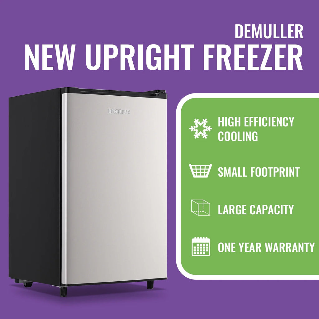 DEMULLER Upright Freezer 3.2 Cu. ft Front Door Freezer Compact Adjustable Thermostat Silver