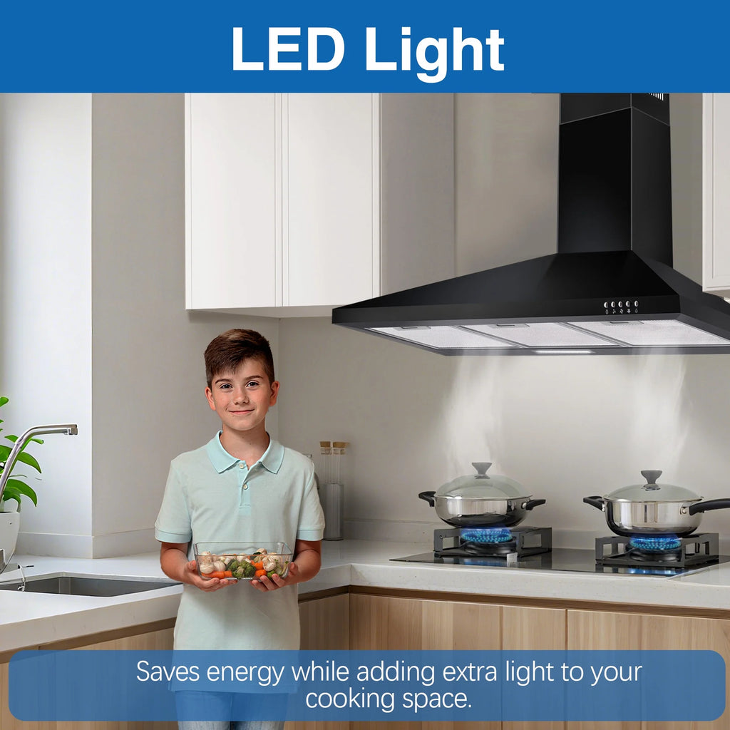 36-inch Wall Mount Range Hood 450CFM 3-Speed, Stainless Steel with LED Light, Adjustable Chimney 15.7-30.7in, Ducted/Ductless Ready, Quiet Under 55dB, 5-Layer Filters