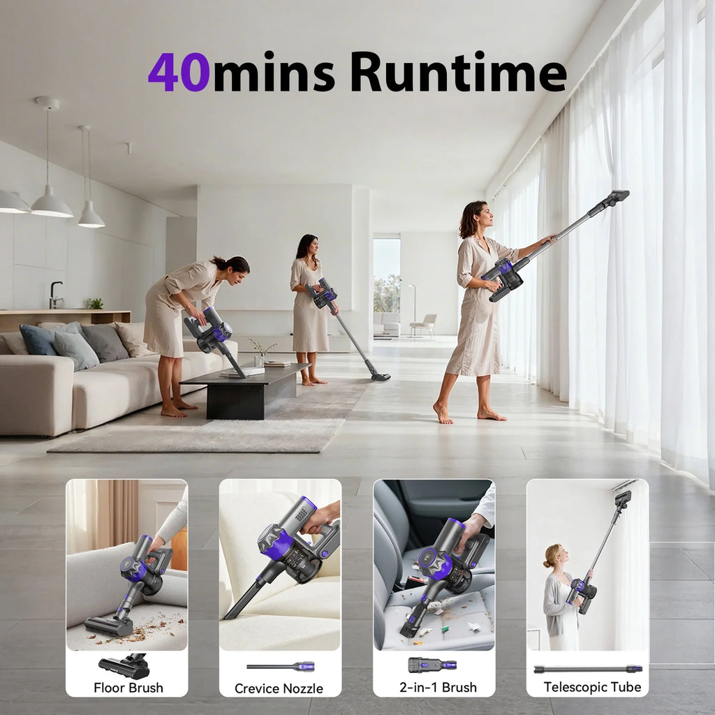 Lazyswan Cordless Vacuum 23000Pa 40min Runtime Lightweight Stick Vacuum for Carpet, Hardwood, Pet Hair - HEPA, Wall Mount Included