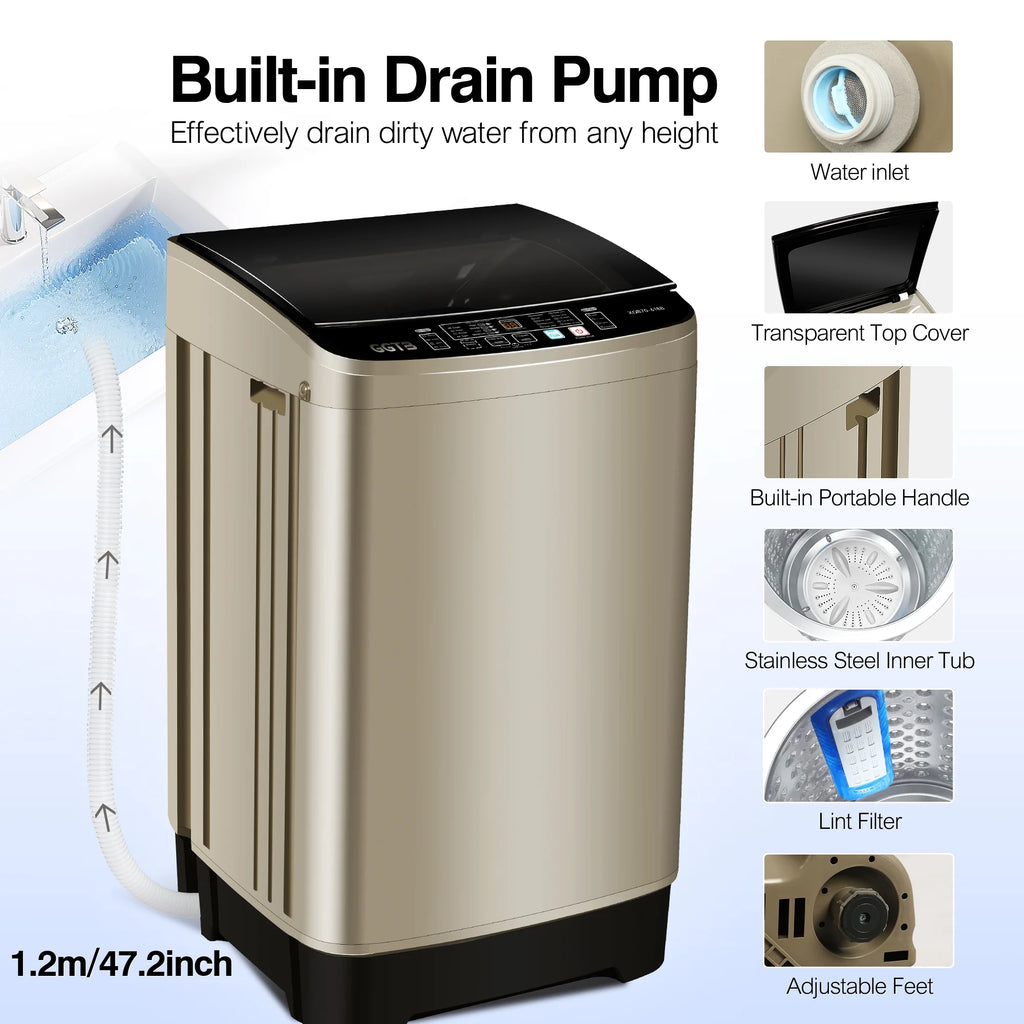 GGTB Portable Washing Machine for Apartments, 17.7 lbs Full Automatic Clothes Washer Machine,1.9 Cu.ft Top Load Washer with 10 Wash Programs/8 Water Levels, Coffee Gold