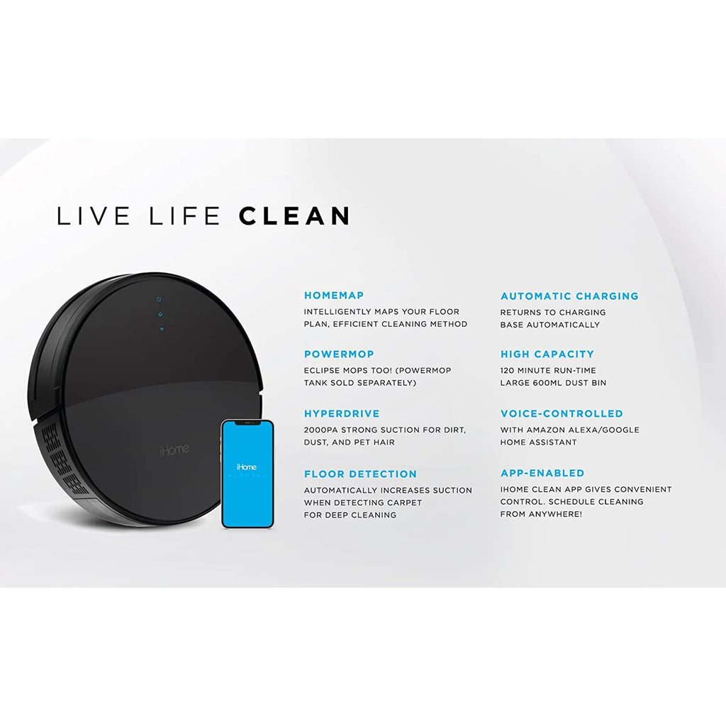 iHome iHRV1-BLK AutoVac Eclipse Robot Self Charging Vacuum Cleaner, Black