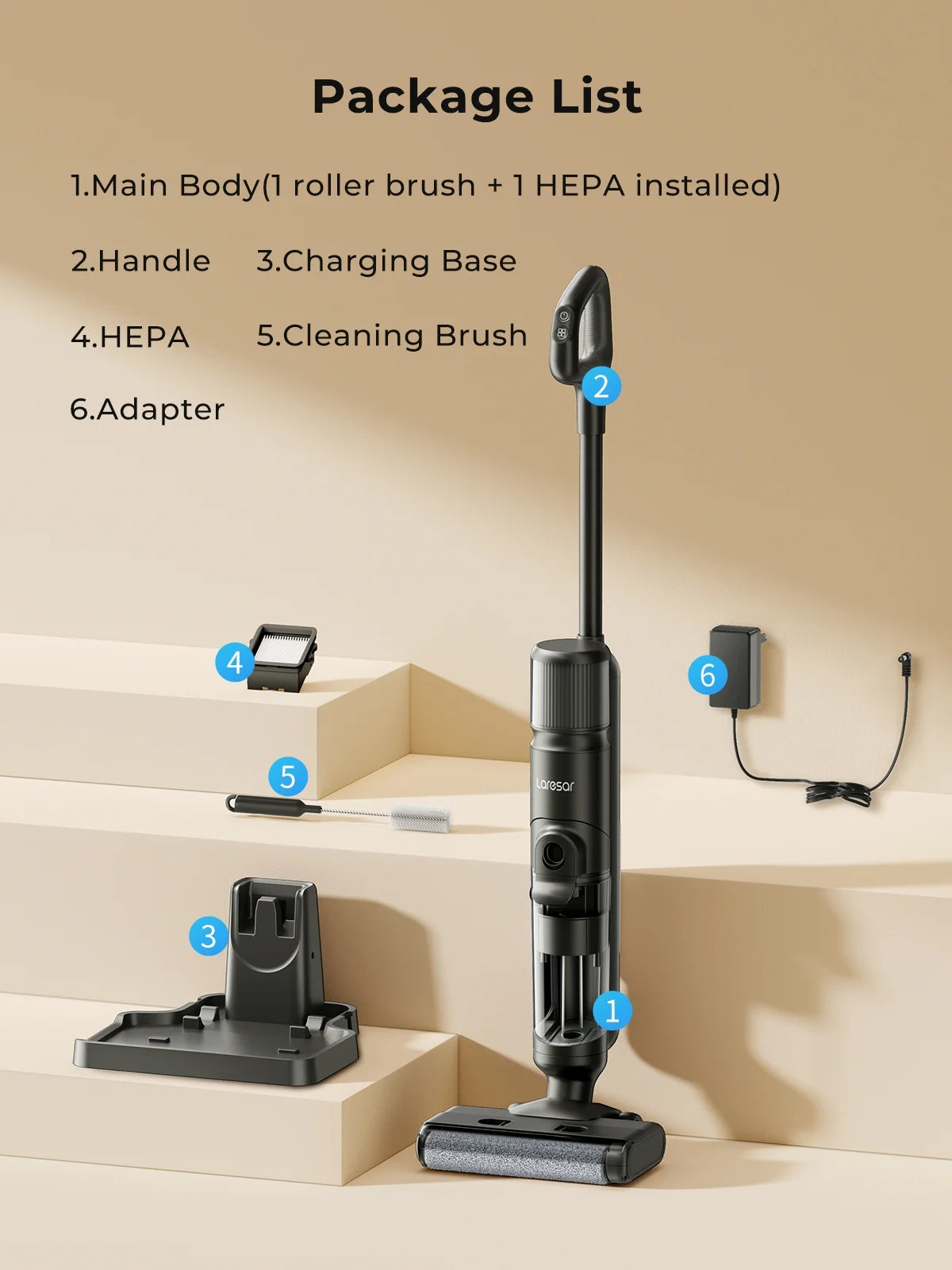 Laresar M3 Cordless Wet Dry Vacuum Mop, 55Min Multi-Surface Cordless Floor Washer 3 in 1 Self-Cleaning Vacuum Mop Hard Floor Cleaners