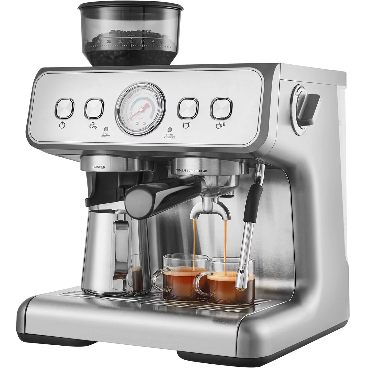 KFFKFF Semi-Automatic Espresso Maker with Grinder, 15 Bar, Includes Milk Frother Steam Wand, Detachable Water Tank & Pressure Gauge, for Cappuccino, Latte, Machiato, with PID Temperature Control