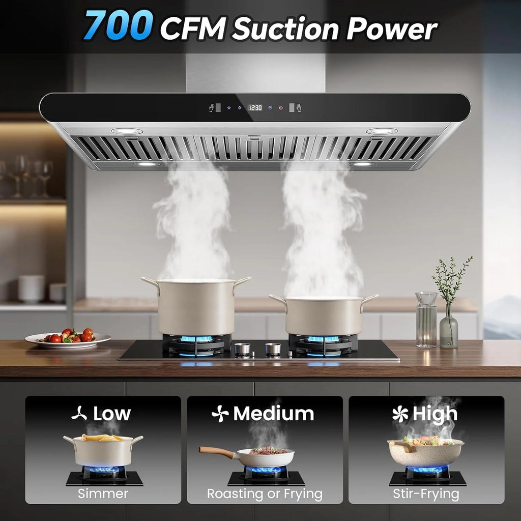 Island Range Hood 30 Inch 700 CFM kitchen Hood with Dual-Sided Touch Gesture Remote Control Ceiling Mount Convertible Ducted/Ductless 3-Speed Fan 3 Stainless Steel Baffle Filters