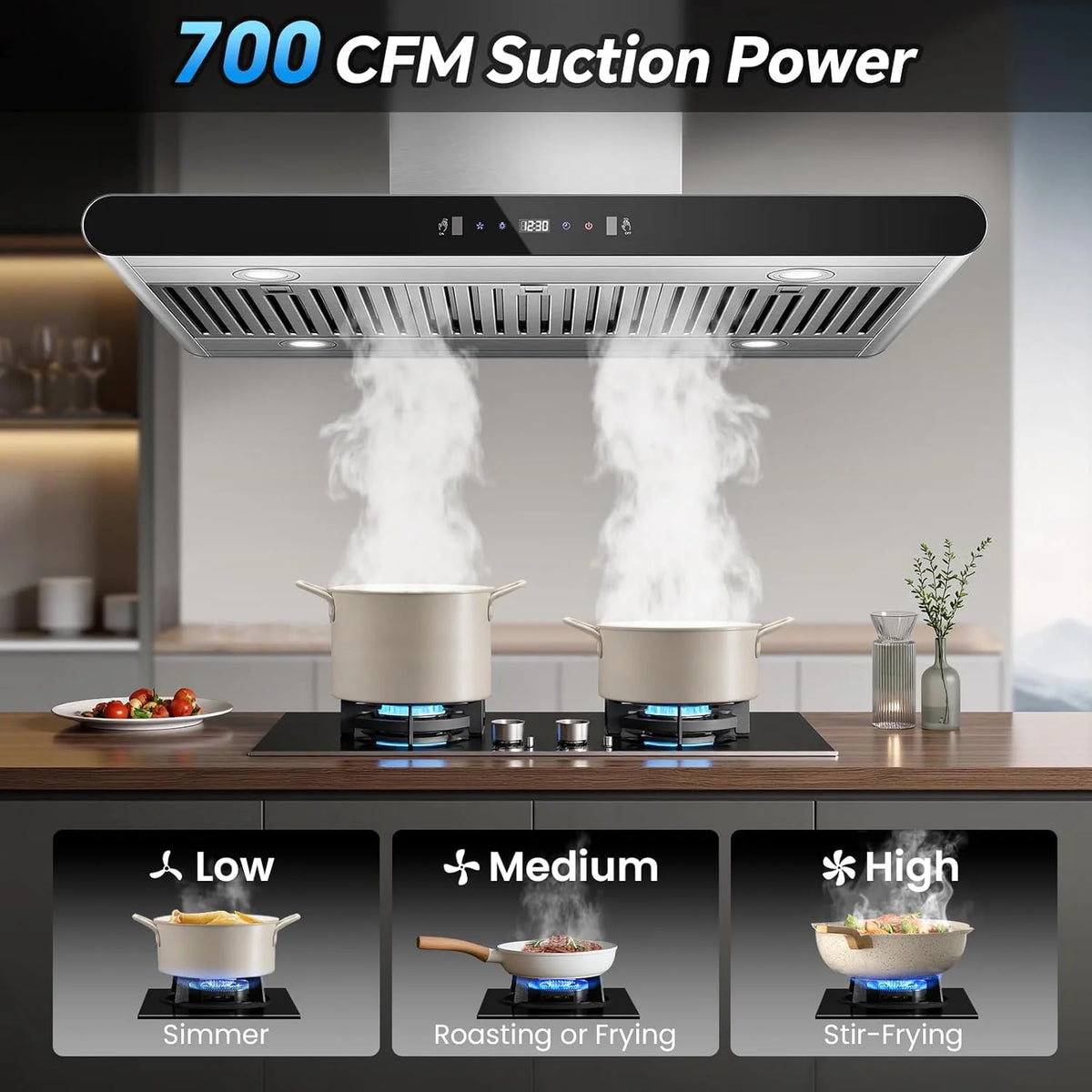 Island Range Hood 30 Inch 700 CFM kitchen Hood with Dual-Sided Touch Gesture Remote Control Ceiling Mount Convertible Ducted/Ductless 3-Speed Fan 3 Stainless Steel Baffle Filters