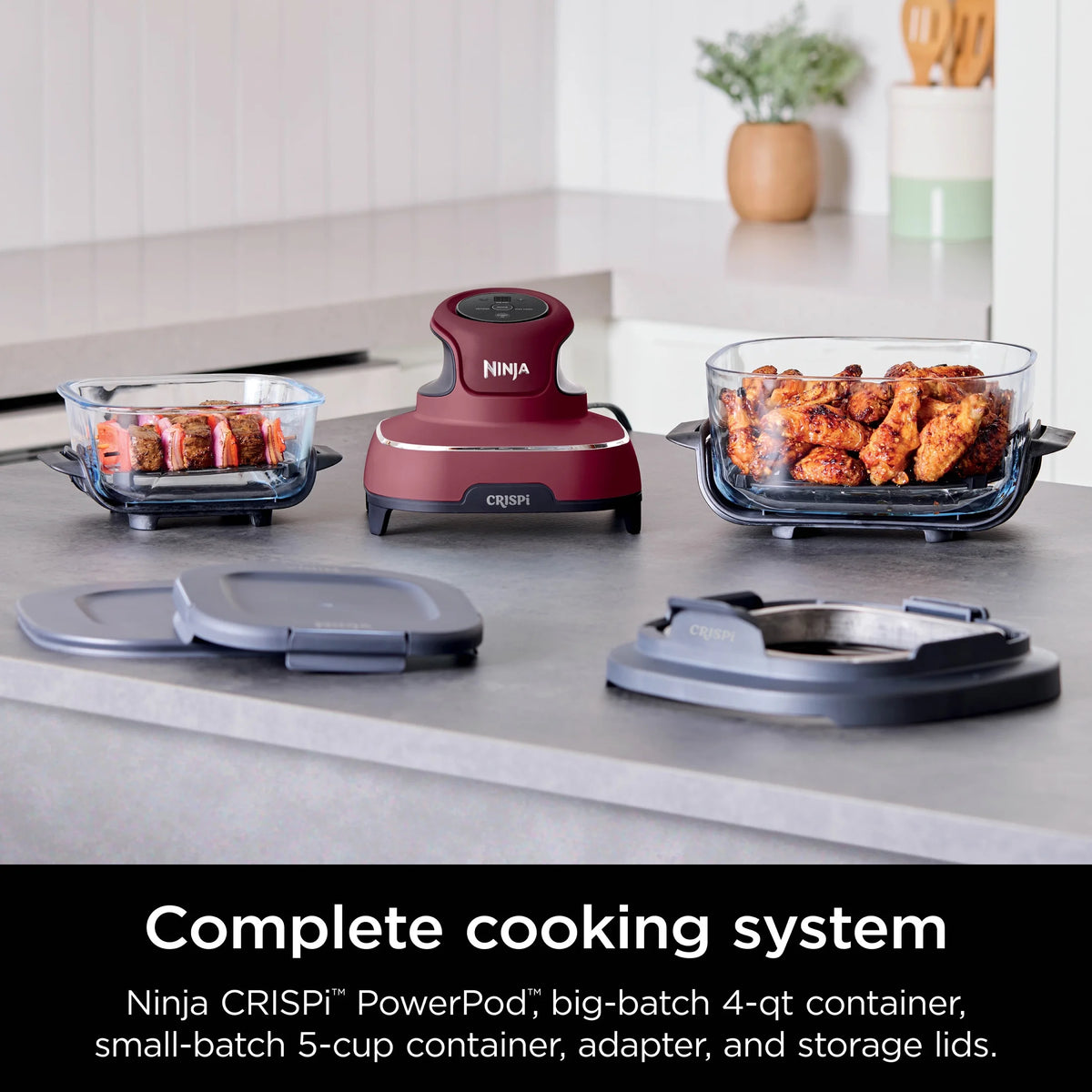 Ninja Crispi 3-in-1 Portable Glass Air Fryer Cooking System, 1500W, 4-Qt & 5-Cup TempWare Glass Containers with Storage Lids, Microwave, Freezer & Dishwasher Safe, White, FN100WH
