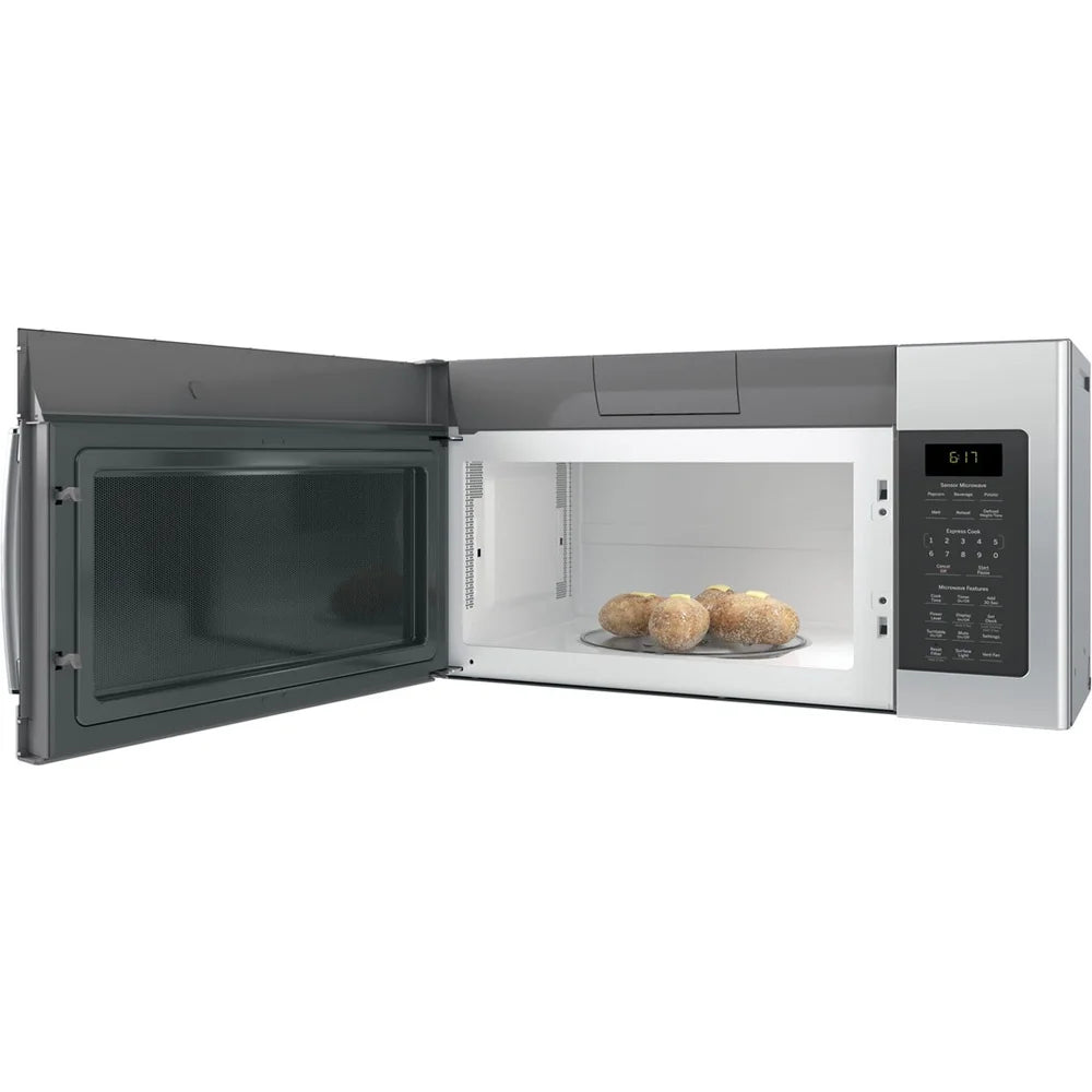 GE JVM6175SKSS 1.7 Cu. Ft. Over-the-Range Sensor Microwave Oven Stainless Steel Bundle with Deco Chef Pair of Red Heat Resistant Oven Mitt and 3 YR CPS Enhanced Protection Pack
